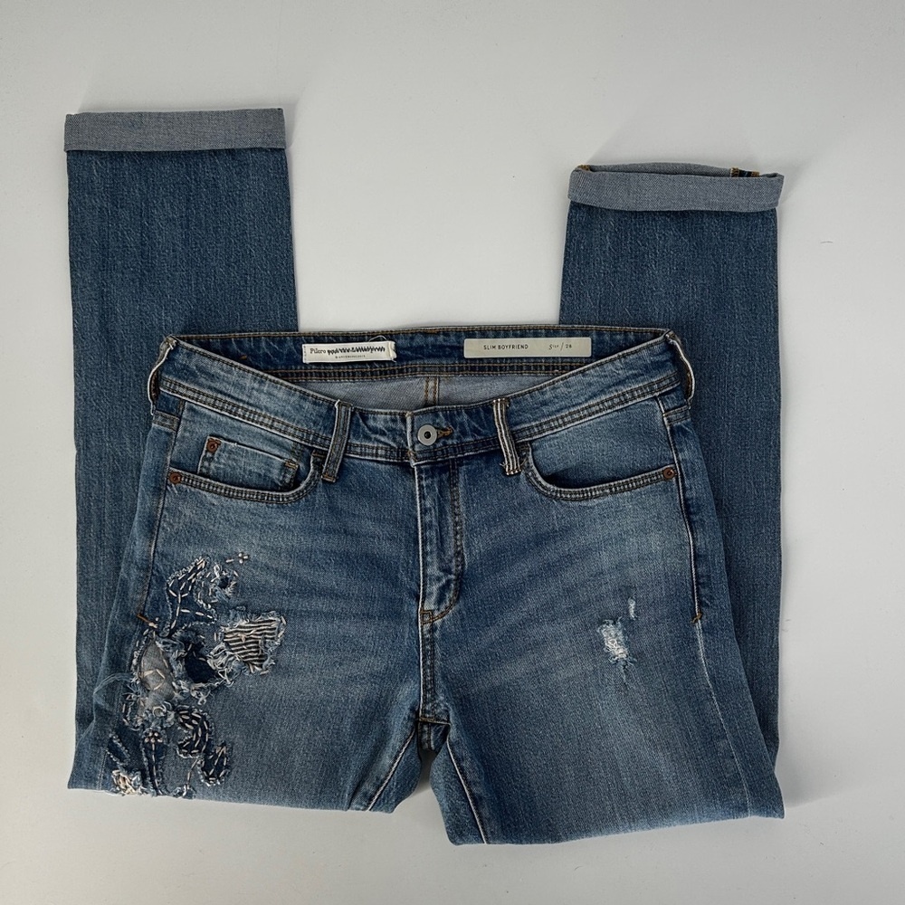 Anthro Pilcro Slim Boyfriend Embroidered Patchwork Floral Jeans Size 28 - Picture 9 of 15